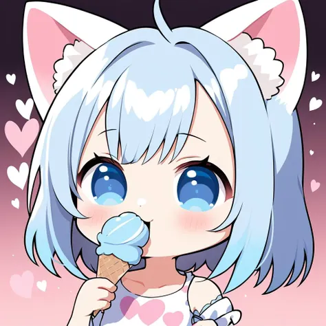 chibi girl with cat ears, eating icecream, hearts, upper body,