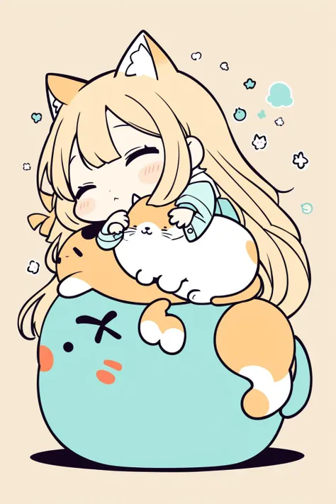 flat color, chibi, girl on cat on giant cat, sleeping, simple background, girl, long hair