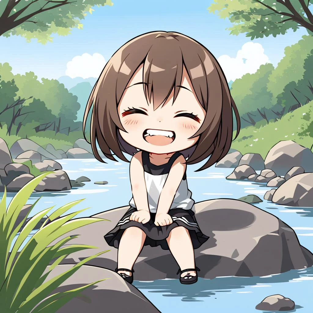 girl, chibi, river, sitting on a rock, smiling, line eyes, closed eyes, showing teeth, clenched teeth,