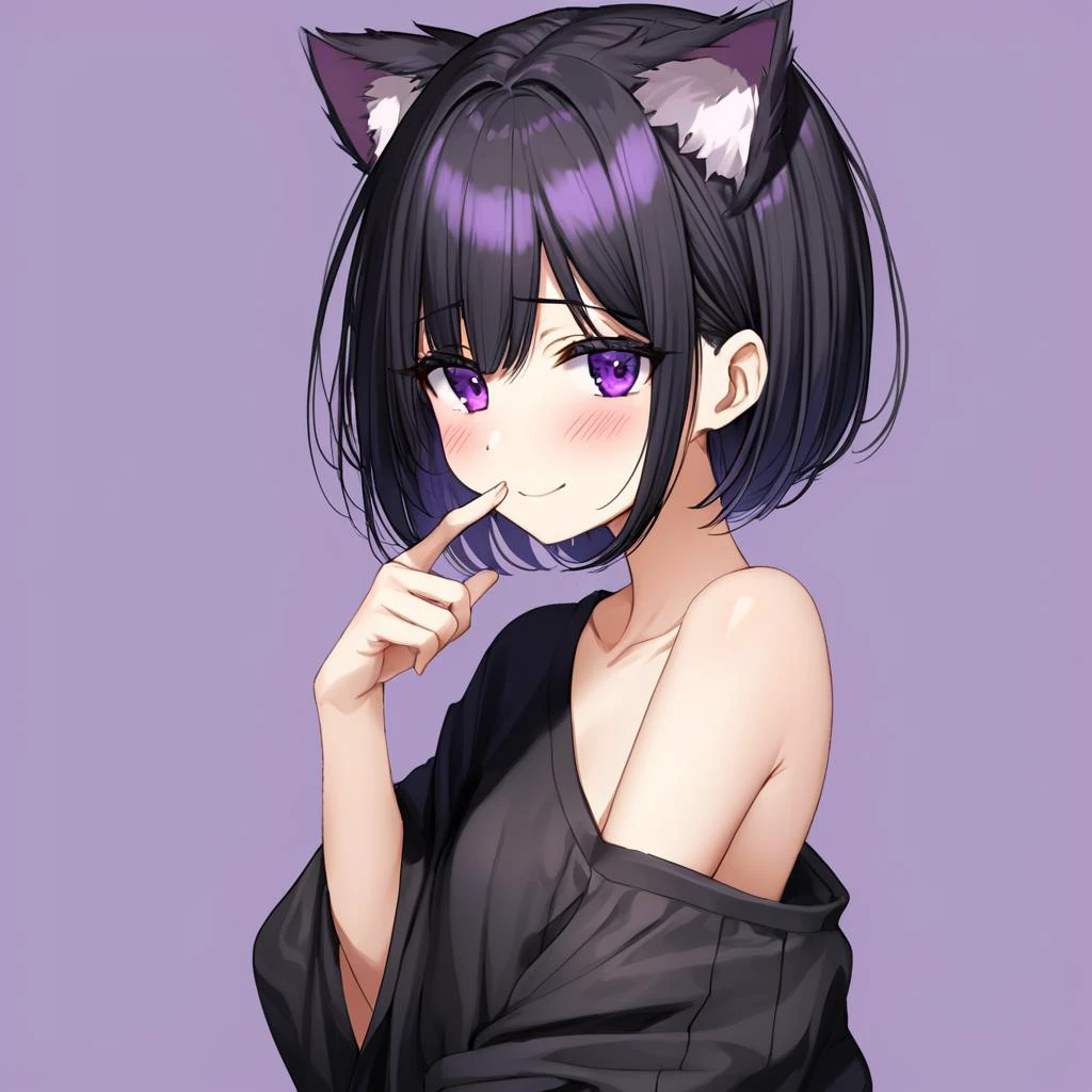 girl, oversized clothes, black shirt, black hair, short hair, purple eyes, cat ears, one bare shoulder, shy smile, blush,