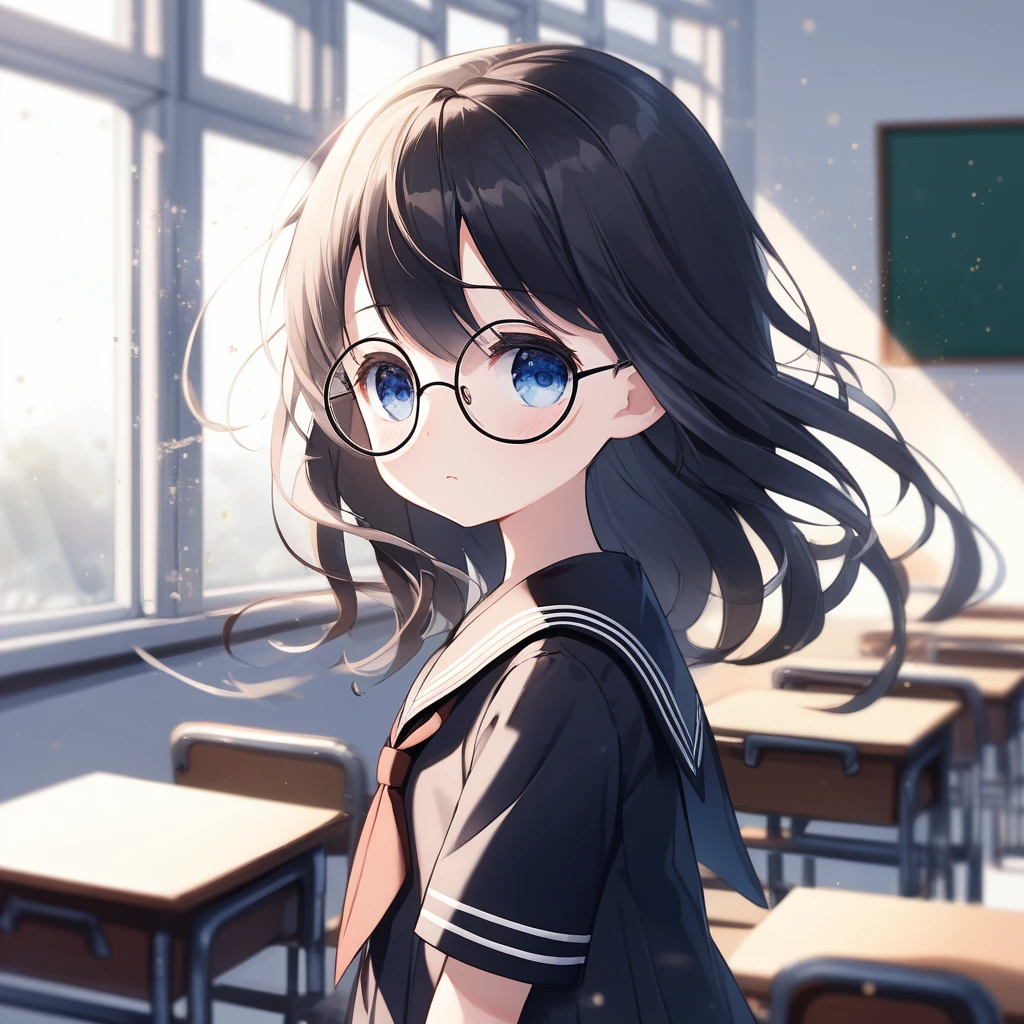 chibi 1girl, round glasses, black sailor school uniform, expressionless, blush, looking to the side, detailed eyes, clear eyes, standing, long hair, looking at windows, windy, floating hair,
depth of field, classroom, light particles,