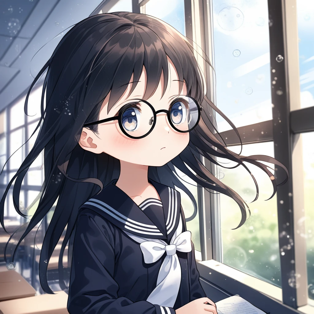 chibi 1girl, round glasses, window, black sailor school uniform, expressionless, blush, ((looking to the side)), detailed eyes, clear eyes, standing, black long hair, looking at window, windy, floating hair,
depth of field, classroom, light particles, magical environment