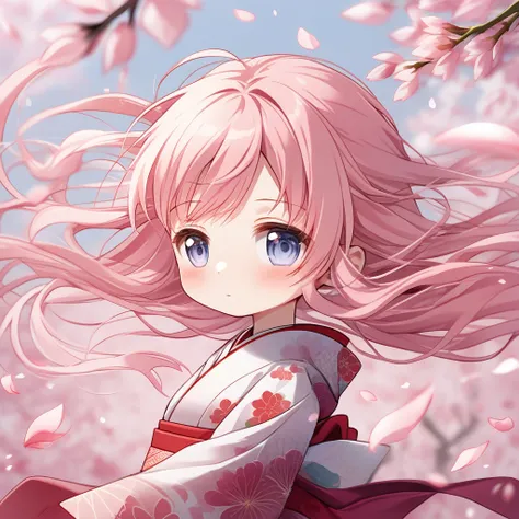 chibi 1girl, kimono, obi, expressionless, blush, ((looking to the side)), detailed eyes, clear eyes, pink long hair, windy, floating hair, upper body, 
depth of field, flowers, petals, magical environment