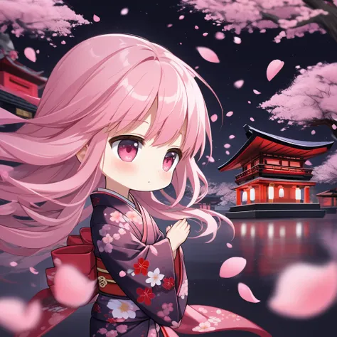 chibi 1girl, kimono, obi, expressionless, blush, looking to the side, detailed eyes, clear eyes, pink long hair, windy, floating hair, upper body, 
depth of field, flowers, petals, night magical environment, dark background, floating petals, night, depth with a tree, shrine,