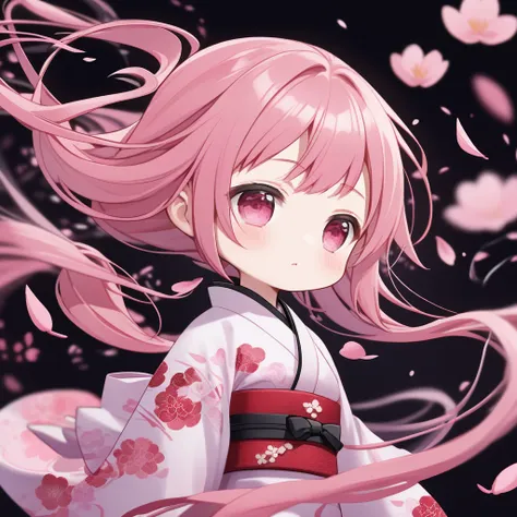 chibi 1girl, kimono, obi, expressionless, blush, ((looking to the side)), detailed eyes, clear eyes, pink long hair, windy, floating hair, upper body, 
depth of field, flowers, petals, night magical environment, black background, floating petals, night,