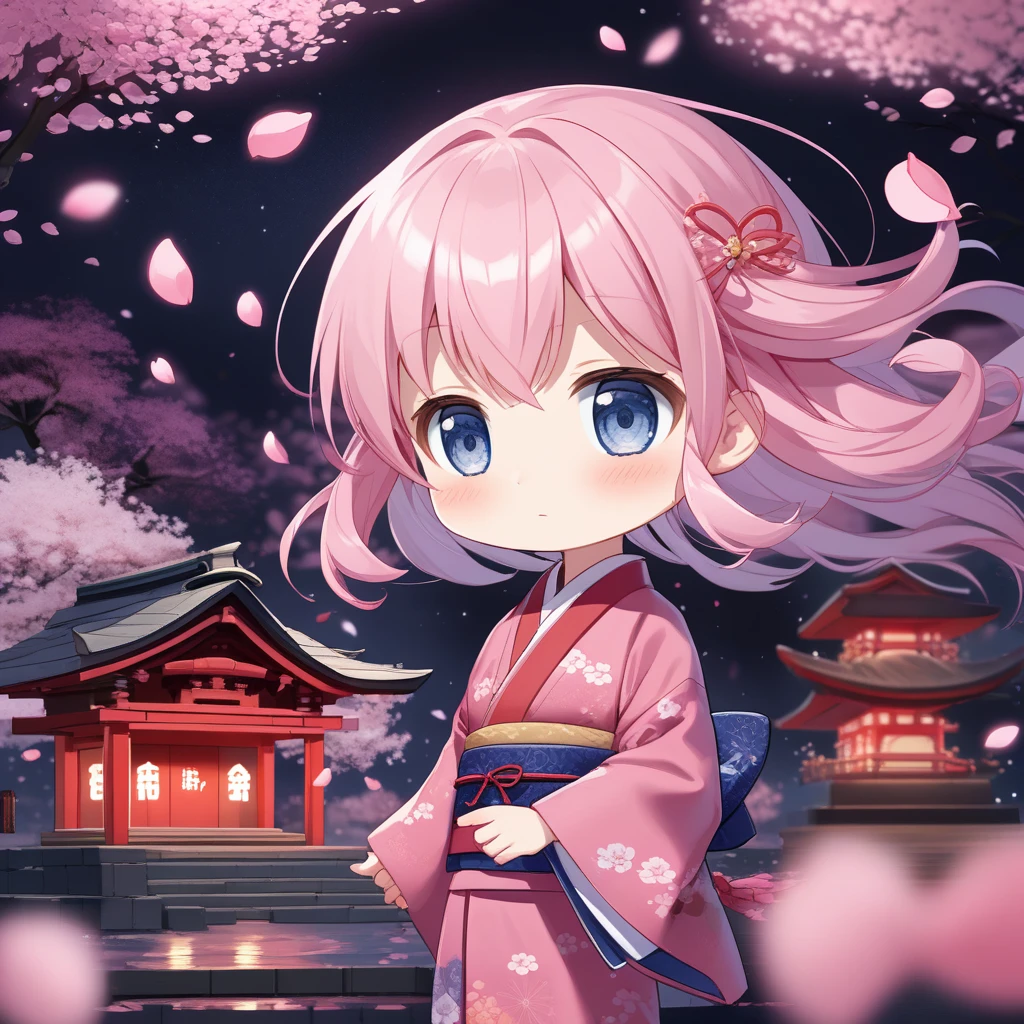 chibi 1girl, kimono, obi, expressionless, blush, looking to the side, detailed eyes, clear eyes, pink long hair, windy, floating hair, upper body, 
depth of field, flowers, petals, night magical environment, dark background, floating petals, night, depth with a tree, shrine,