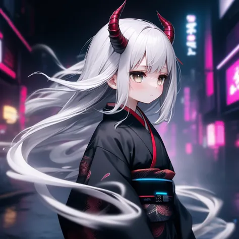 chibi 1girl, kimono, obi, horns, expressionless, blush, looking to the side, detailed eyes, clear eyes, white long hair, windy, floating hair, upper body, eye slash, 
depth of field, cyberpunk, night environment, dark neon background, smoke, night,