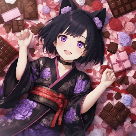 little girl, petite, short black hair, purple eyes, cat ears, choker, black intricate kimono, portrait, detailed eyes, happy, laying among a pile of valentines chocolate, from above,