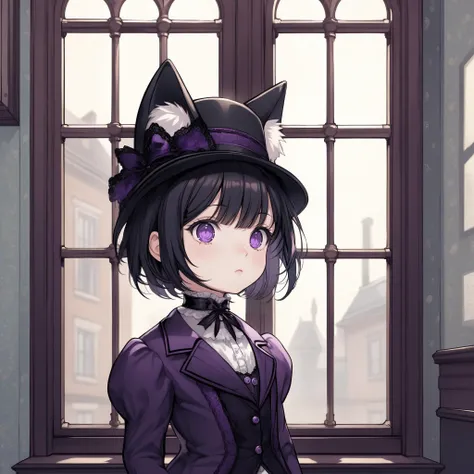 little girl, short black hair, (purple:0.6) eyes, cat ears, choker, (victorian suit:1.1), hat, standing at a window,