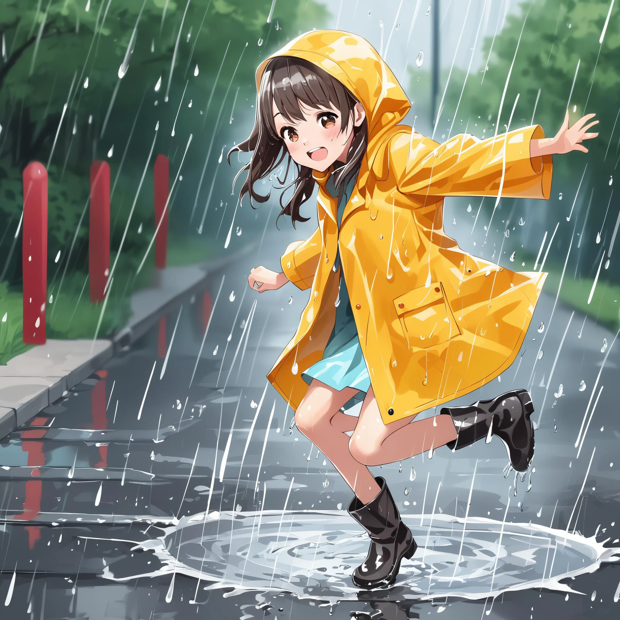 a cute girl wearing a rain coat and boots in the rain, jumping in a puddle, splash