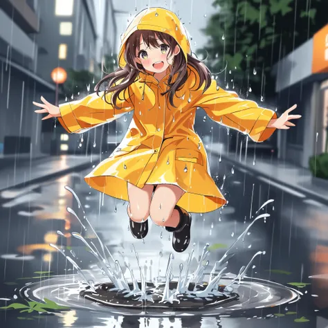 a cute girl wearing a rain coat and boots in the rain, jumping in a puddle, splash