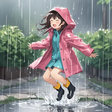 a cute girl wearing a rain coat and boots in the rain, jumping in a puddle, splash