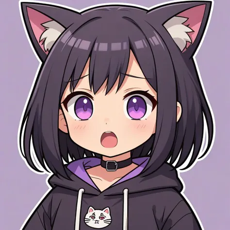 (flat cell shaded:1.1), girl, chibi, petite, short black hair, purple eyes, cat ears, choker, black oversized hoodie, simple background, portrait, (sticker:0.75), surprised,