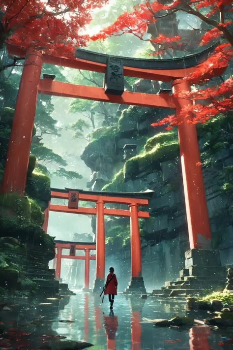 ((masterpiece,best quality)), 1boy, long sleeves sweater, long pants, red theme, from behind below, short hair, socks, walking on water, walking under torri gates, shoes, ripples, ancient ruins, purifying paper and spirit, torii gates, karana,
raining, gloomy, holding a katana, green forest, ruins, broken statues, vines,
realistic water,
depth of field, light particles, cinematic, raytraced reflections, chromatic aberration,