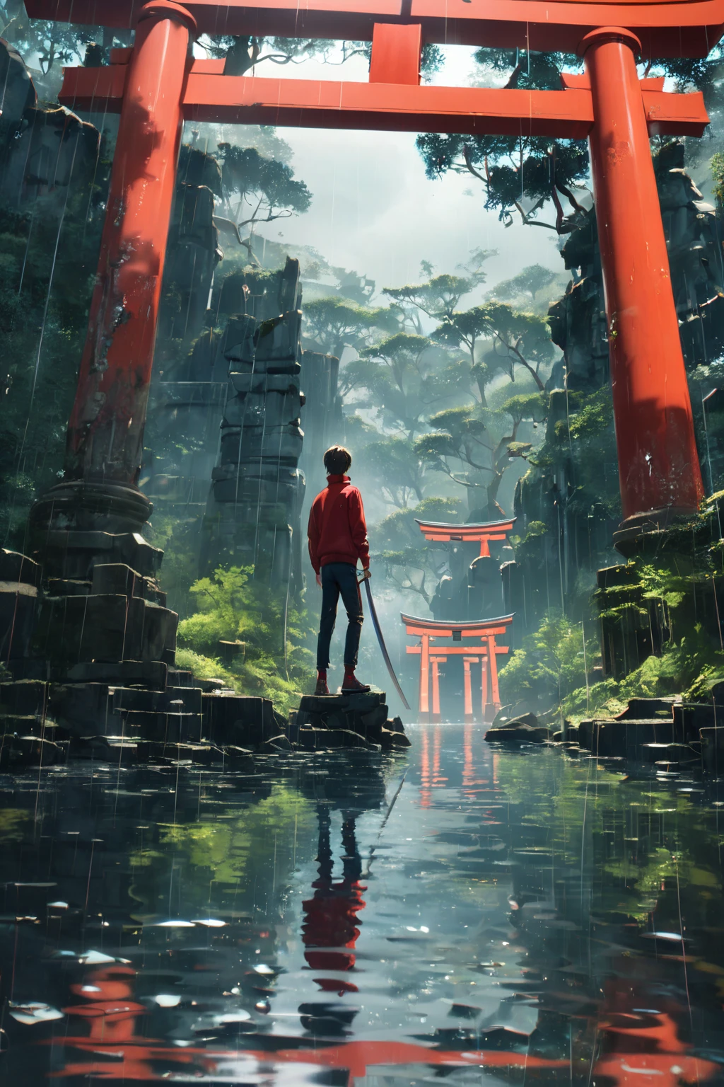 ((masterpiece,best quality)), 1boy, long sleeves sweater, long pants, red theme, from behind below, short hair, socks, focus to boy, walking on water, walking under torri gates, shoes, ripples, ancient ruins, purifying paper and spirit, torii gates, karana,
raining, gloomy, holding a katana, green forest, ruins, broken statues, vines,
realistic water,
depth of field, light particles, cinematic, raytraced reflections, chromatic aberration,