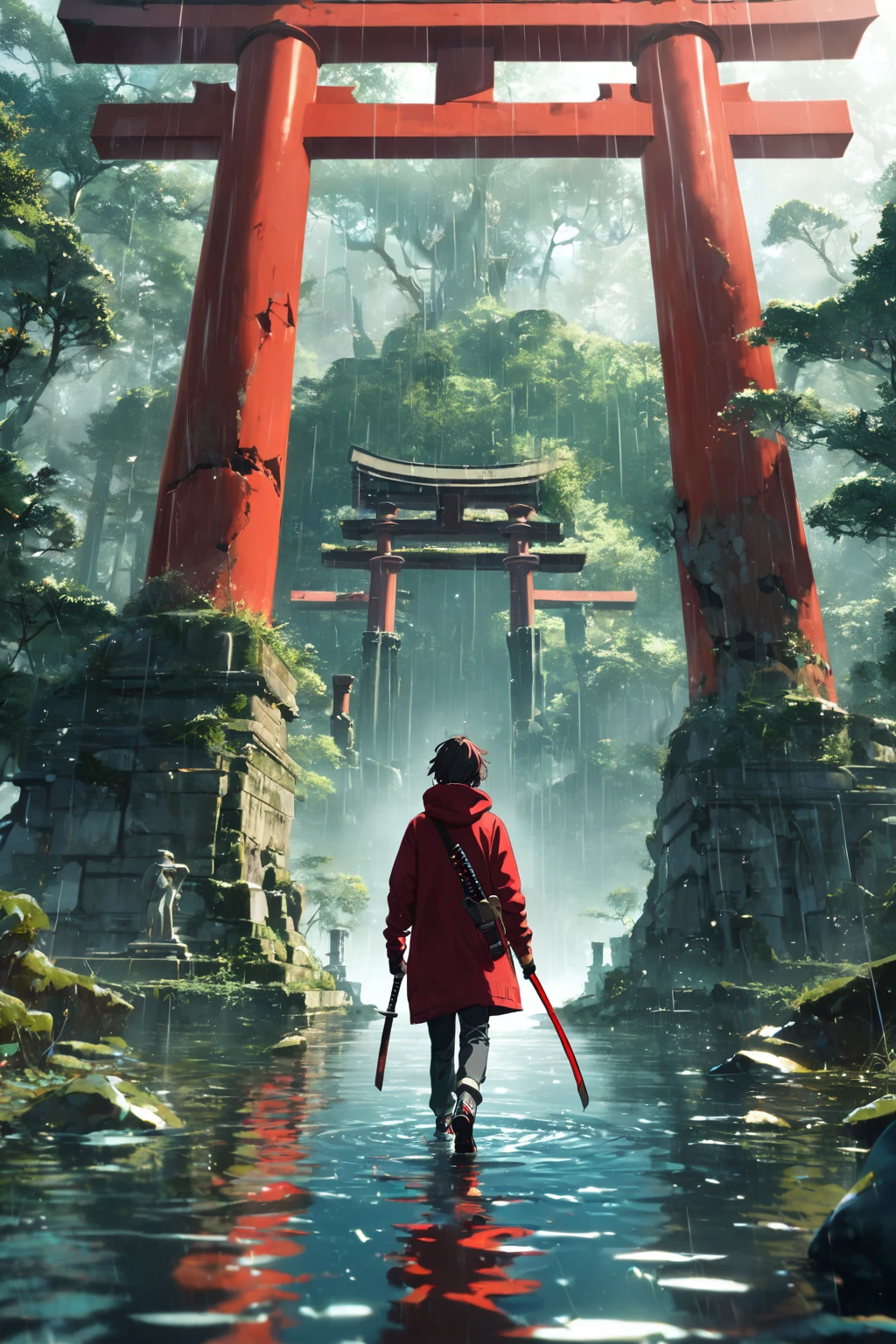 ((masterpiece,best quality)), 1boy, long sleeves sweater, long pants, red theme, from behind below, short hair, socks, closeup, focus to boy, walking on water, walking under torri gates, shoes, ripples, ancient ruins, purifying paper and spirit, torii gates, karana,
raining, gloomy, holding a katana, green forest, ruins, broken statues, vines,
realistic water,
depth of field, light particles, cinematic, raytraced reflections, chromatic aberration,