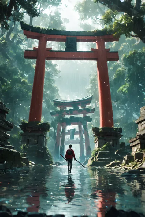((masterpiece,best quality)), 1boy, long sleeves sweater, long pants, red theme, from behind below, short hair, socks, closeup, focus to boy, walking on water, walking under torri gates, shoes, ripples, ancient ruins, purifying paper and spirit, torii gates, karana,
raining, gloomy, holding a katana, green forest, ruins, broken statues, vines,
realistic water,
depth of field, light particles, cinematic, raytraced reflections, chromatic aberration,