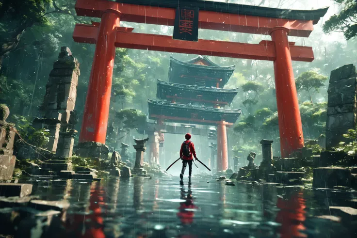 ((masterpiece,best quality)), 1boy, long sleeves sweater, long pants, red theme, from behind below, short hair, socks, closeup, focus to boy, walking on water, walking under torri gates, shoes, ripples, ancient ruins, purifying paper and spirit, torii gates, karana,
raining, gloomy, holding a katana, green forest, ruins, broken statues, vines,
realistic water,
depth of field, light particles, cinematic, raytraced reflections, chromatic aberration,