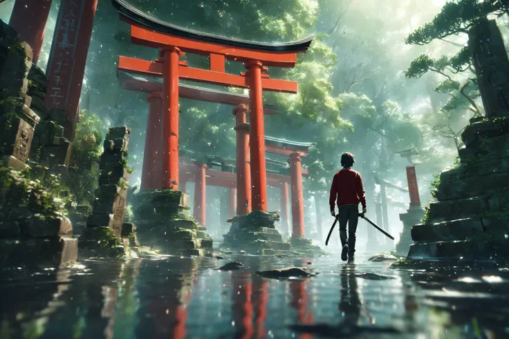 ((masterpiece,best quality)), 1boy, long sleeves sweater, long pants, red theme, from behind below, short hair, socks, closeup, focus to boy, walking on water, walking under torri gates, shoes, ripples, ancient ruins, purifying paper and spirit, torii gates, karana,
raining, gloomy, holding a katana, green forest, ruins, broken statues, vines,
realistic water,
depth of field, light particles, cinematic, raytraced reflections, chromatic aberration,