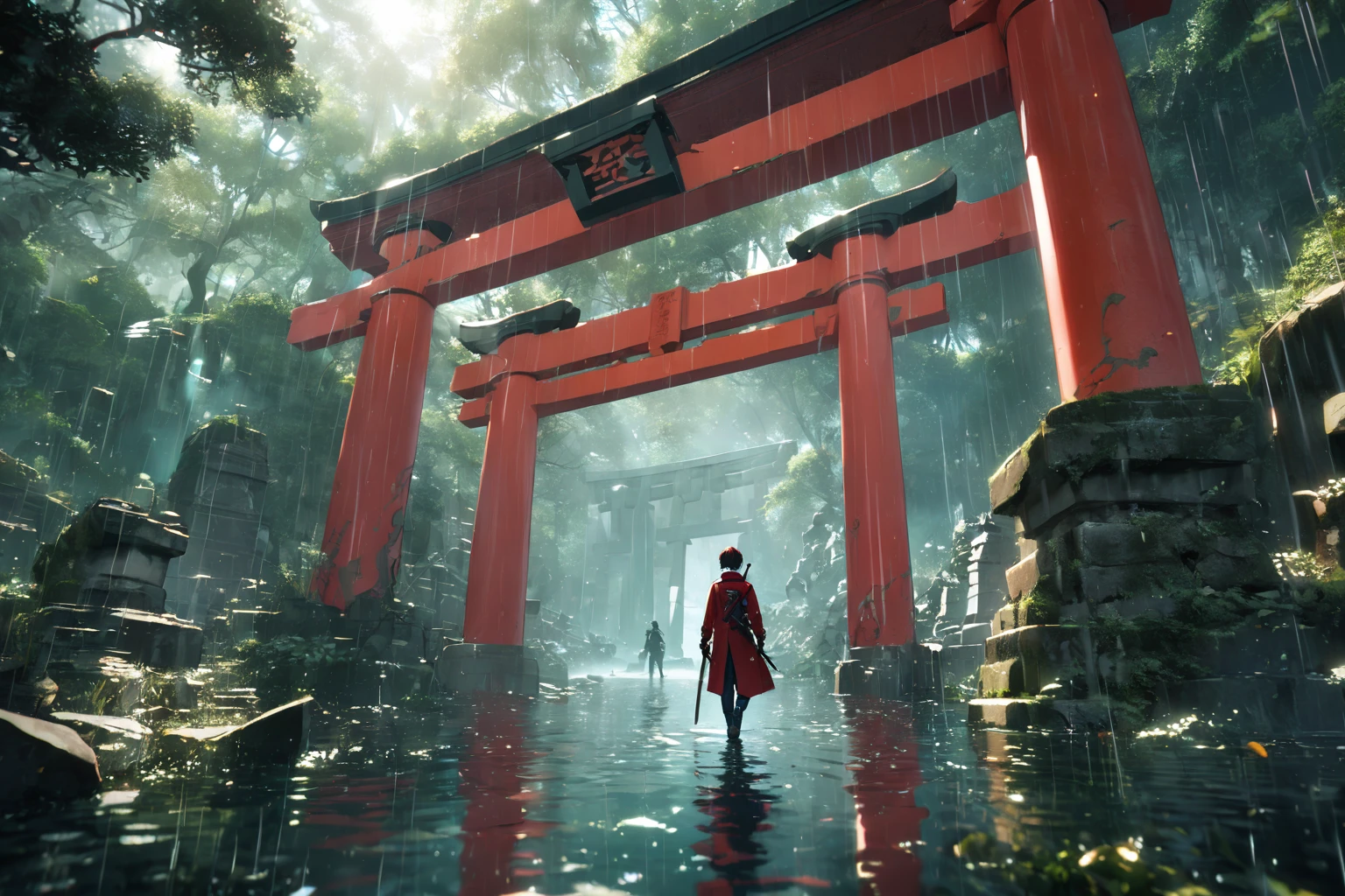 ((masterpiece,best quality)), 1boy, long sleeves sweater, long pants, red theme, from behind below, short hair, socks, closeup, focus to boy, walking on water, walking under torri gates, shoes, ripples, ancient ruins, purifying paper and spirit, torii gates, karana,
raining, gloomy, holding a katana, green forest, ruins, broken statues, vines,
realistic water,
depth of field, light particles, cinematic, raytraced reflections, chromatic aberration,
