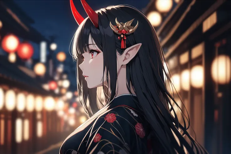 ((masterpiece,best quality)),1girl, huge breast, horns, pointy ears, side eye, bangs, detailed eyes, blurry background, black hair, night, expressionless, from side, hair ornament, japanese clothes, kimono, (cinematic:1.5), obi, outdoors, solo, oni horns, long hair, front horns