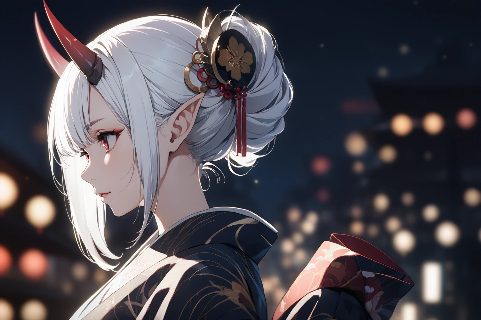 ((masterpiece,best quality)),1girl, huge breast, horns, pointy ears, bangs, detailed eyes, blurry background, white hair, night, expressionless, from side, hair ornament, japanese clothes, kimono, (cinematic:1.5), obi, outdoors, sash, solo, upper body, side eyes, oni horns,