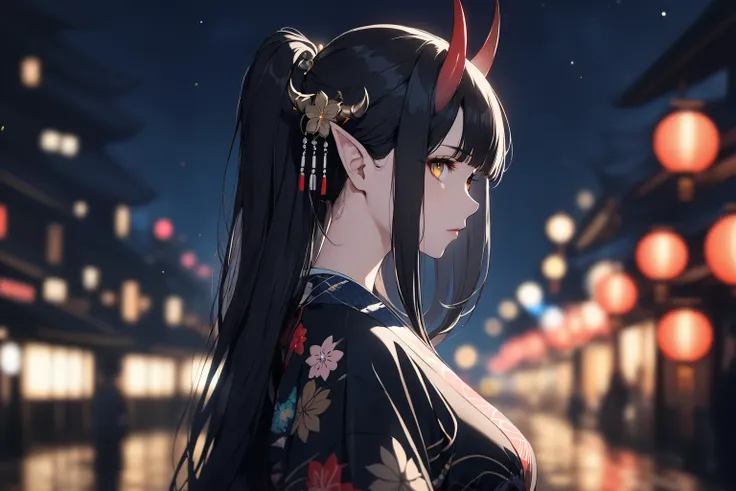 ((masterpiece,best quality)),1girl, huge breast, horns, pointy ears, side eye, bangs, detailed eyes, blurry background, black hair, night, expressionless, from side, hair ornament, japanese clothes, kimono, (cinematic:1.5), obi, outdoors, solo, oni horns, long hair, front horns