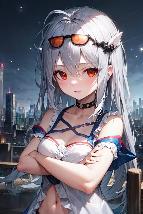 masterpiece,best quality,1girl,solo,((upper body,crossed arms,from avove)),glow white particles,high buildings,horizon,city ,Waverider, white shirt, black choker,short sleeves, <lora:arknightsSkadi_v10:0.95>