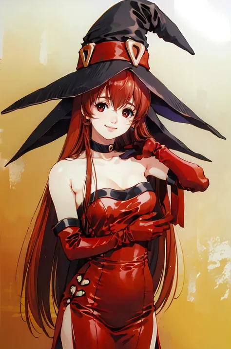 smile, <lora:Mikimoto_haruhiko_style_v02:1> <lora:RtPL-Cierra:1> cierra_(riviera), red_eyes, long_hair, dress, choker, gloves, witch_hat,, ultra detailed, masterpiece, best quality,
