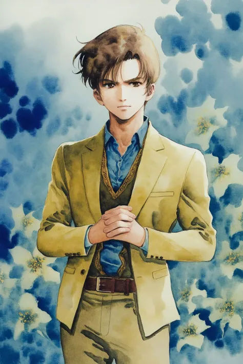 cowboy shot, solo, 1boy, male focus, light brown hair, dark brown eyes, night, Larkspur \(flower\), floral background, watercolor \(medium\) <lora:Mikimoto_haruhiko_style_v02:1>