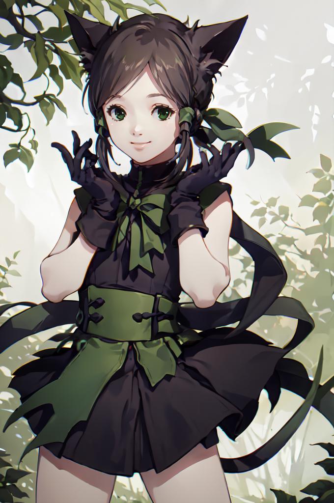 Anime girl in a green dress with black cat ears and tail - SeaArt AI