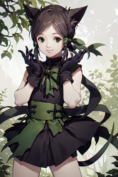 smile, <lora:Mikimoto_haruhiko_style_v02:1> <lora:RtPL-Rose:1> rose_(riviera), cat_ears, green_eyes, cat_tail, black_hair, green_bow, gloves, green ribbon, black_dress, sleeveless,, ultra detailed, masterpiece, best quality,