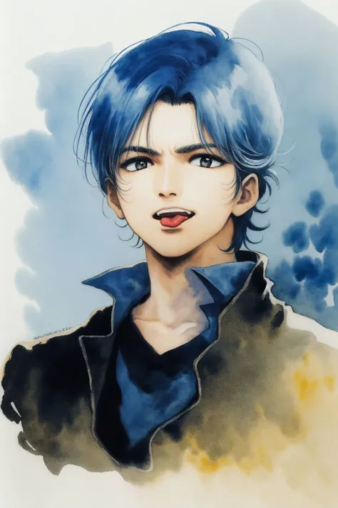 portrait, solo, 1boy, male focus, dark blue hair, white eyes, bright, Painted_Tongue \(flower\), floral background, watercolor \(medium\) <lora:Mikimoto_haruhiko_style_v02:1>