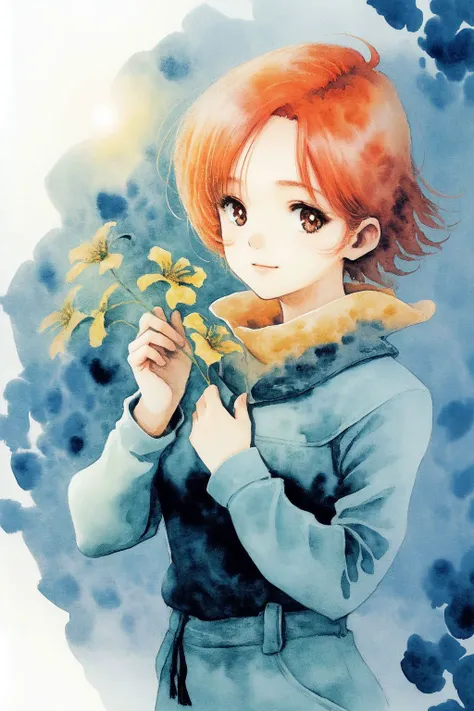 cowboy shot, solo, 1girl, orange hair, brown eyes, lens flare, Cockscomb_Crested \(flower\), floral background, watercolor \(medium\) <lora:Mikimoto_haruhiko_style_v02:1>