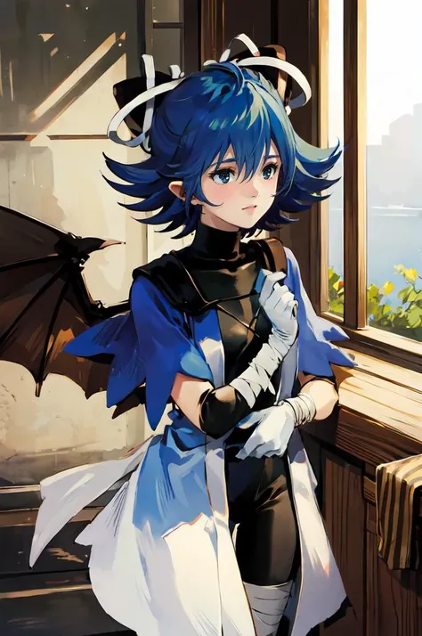 <lora:rac:1>, sitting on roff, moon, smile, <lora:RtPL-Serene:1> serene_\(riviera\), blue_capelet, white_coat, black_bodysuit, black_headwear, bandages, short_hair,, ultra detailed, masterpiece, best quality,