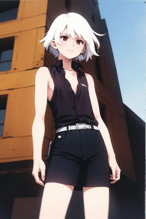 cowboy shot, solo, 1girl, white hair, whiskers, looking down, flat chest, dark brown sleeveless shirt <lora:Mikimoto_haruhiko_style_v01:1>