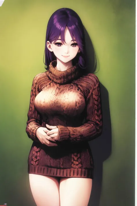cowboy shot, solo, 1girl, purple hair, smile, looking away, large breasts, aran sweater <lora:Mikimoto_haruhiko_style_v01:1>