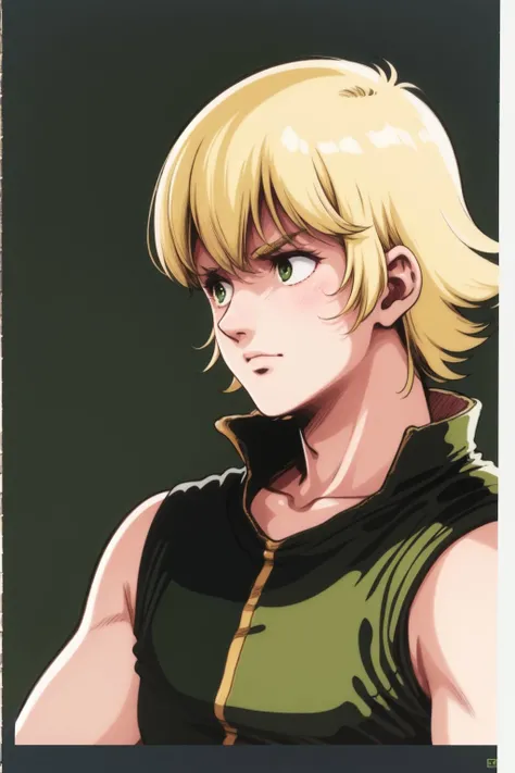 portrait, solo, 1boy, cream hair, flustered, looking away, dark green sleeveless shirt <lora:Mikimoto_haruhiko_style_v01:1>