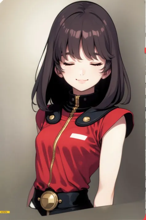 upper body, solo, 1girl, dark grey hair, (closed eyes smile:1.1), looking at viewer, small breasts <lora:Mikimoto_haruhiko_style_v01:1>