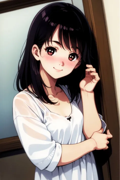 portrait, solo, 1girl, black hair, embarrassed nose blush smile, looking at viewer, small breasts <lora:Mikimoto_haruhiko_style_v01:1>
