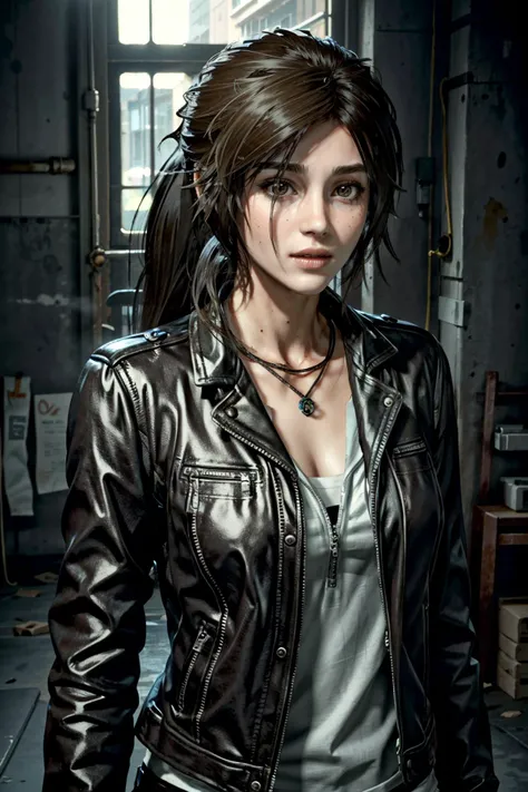 (masterpiece, best quality)
1girl, LaraRise, solo, long hair, long hair, ponytail, brown hair, jewelry, jacket, upper body, brown eyes, necklace, lips, black jacket, looking to the side, looking away, portrait, realistic, leather, leather jacket
<lora:epi_noiseoffset2:1> <lora:add_detail:0.5> <lora:LaraRise:0.8>