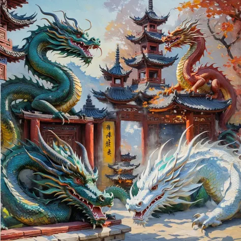 Impressionist painting 4 dragons, classical painting style, pagoda, best quality, masterpiece, 4k, uncensored, prefect lighting, rating_explicit, very aesthetic, detailed, <lora:add_details_xl:0.6>, very detailed, <lora:SDXLHighDetail_v5:0.6> . Loose brushwork, vibrant color, light and shadow play, captures feeling over form