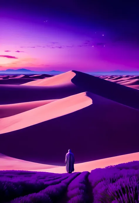 concept art An image of a solitary figure standing in front of an immense, seemingly endless sand dune under a lavender twilight sky. The silence and stillness of the scene give it a hauntingly beautiful surreal quality. . digital artwork, illustrative, painterly, matte painting, highly detailed