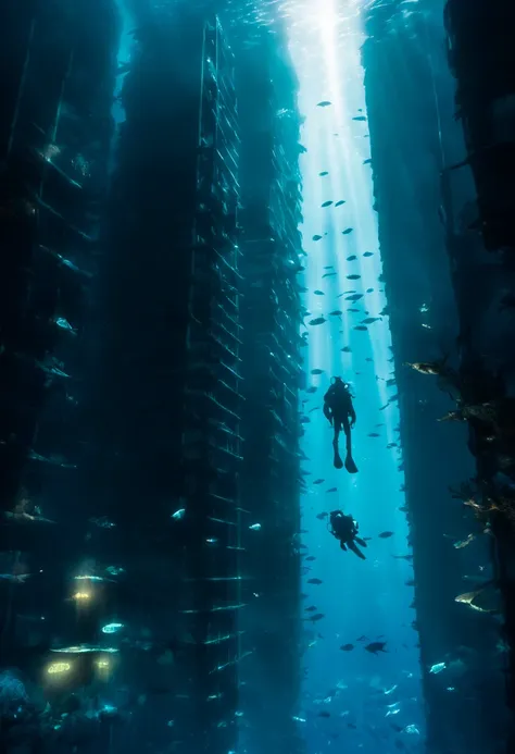 concept art A diver explores the shadowy recesses of an underwater skyscraper, its broken windows serving as home to schools of ghostly fish. The eerie play of light filtering through the water adds a sense of surreal foreboding. . digital artwork, illustrative, painterly, matte painting, highly detailed