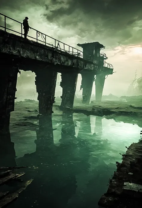 concept art A desolate and haunting vista, reflecting the surreal ambiance of Stalker. Derelict buildings half-submerged in stagnant water, while a lone figure in the distance stands on the precipice of a dilapidated bridge, staring into the opaque depths below. The entire scene is bathed in a diffuse, otherworldly light." . digital artwork, illustrative, painterly, matte painting, highly detailed