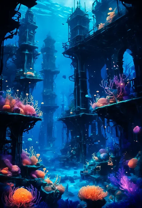 concept art An image of a hauntingly beautiful underwater city, its abandoned structures covered in bioluminescent corals and anemones. The soft glow contrasts starkly with the encroaching darkness of the deep sea. . digital artwork, illustrative, painterly, matte painting, highly detailed