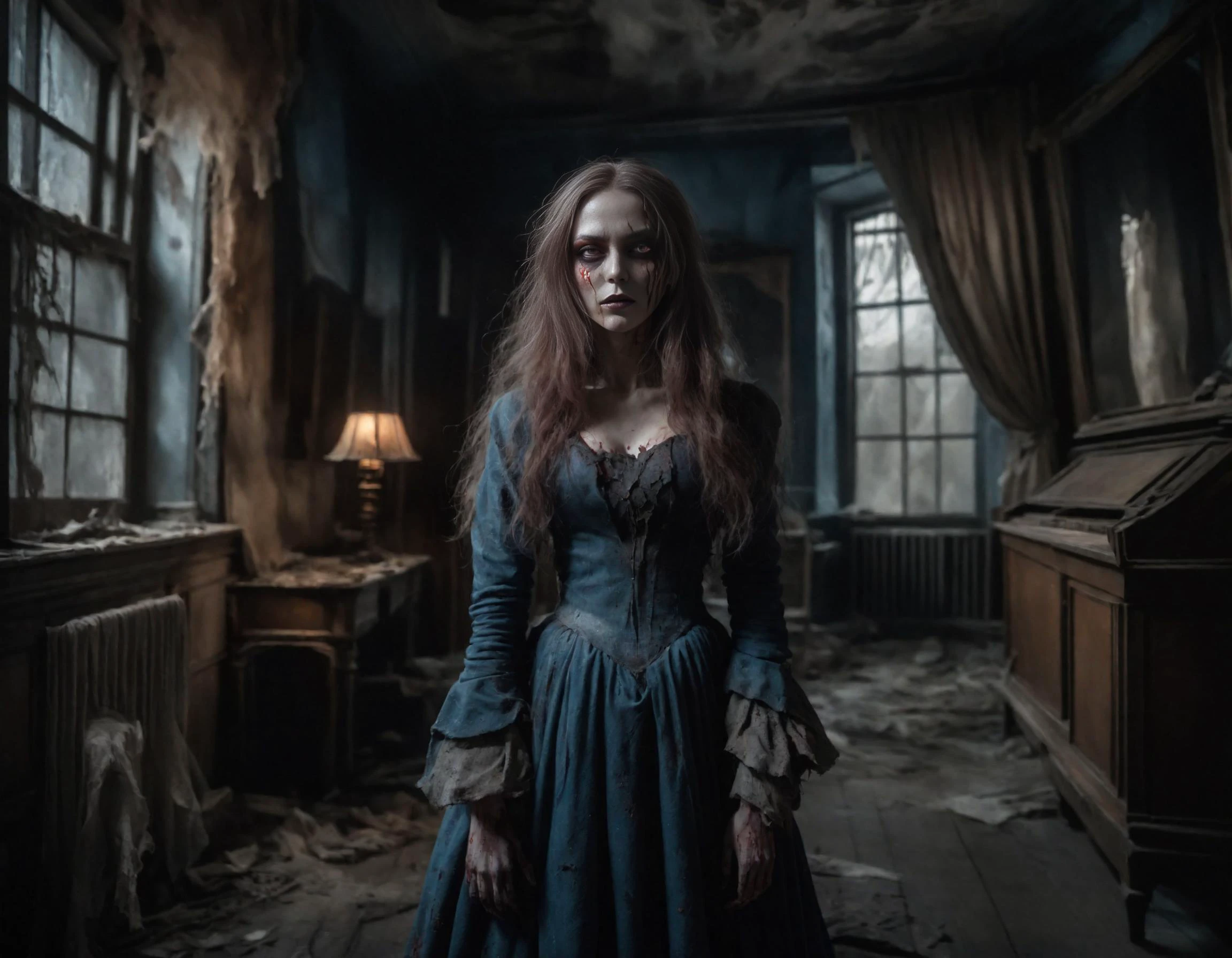 Inside an abandoned derelict period home, a mysterious figure with long, flowing hair and piercing blue eyes stands in the dimly lit room. They are wearing a tattered, Victorian-era dress. The room is filled with decaying furniture, cobwebs, and broken windows, creating an eerie atmosphere. Image style dark and gritty, with a hint of melancholy., Cinematic, Dramatic