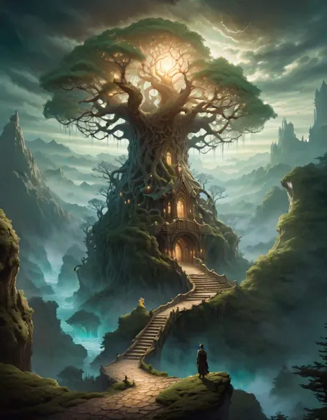 Positive prompt:
Generate a breathtakingly ethereal fantasy concept art featuring the depths of an ancient gnarled tree, with its twisted branches reaching out to embrace a magnificent celestial enchanted fairy castle nestled amongst them, dim eerie light cast by the castle should illuminate both the corrupted tree and its dark surroundings, creating an ominous yet captivating atmosphere. Emphasize the painterly style of Andreas Rocha and H.P. Lovecraft to infuse this artwork with a sense of otherworldliness and mystery. Ensure that every element in this masterpiece is rendered with ultra-realistic high quality and highly detailed textures for maximum realism, making it perfect as cover art or simply an epic piece of fantasy art.