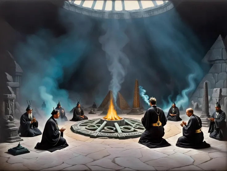 Priests reinacting a ritual, praying, smoke, stonehenge, tentacles on the floor, dramatic lighting, high contrast, Autochrome, highly detailed background, flying inverted pyramids with intricate details etched and glowing top in the distance<lora:k3nk3lly:0.82>