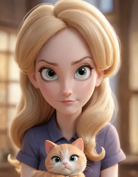 3D character.(Angela Kinsey as Angela Martin:1.6), holding a cat, (caricature:0.2). bokeh, professional, 4k, highly detailed <lora:SamaritanEsdxl:0.45> (Pixar Render, CGI Animation, Disney:1.2) cute big circular reflective eyes, office, dof, (cinematic film), (disapproving look:1.2), 56 years old